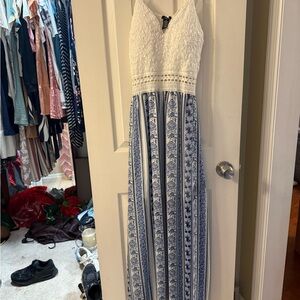 Elegant White and Blue Maxi Dress